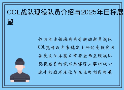 COL战队现役队员介绍与2025年目标展望